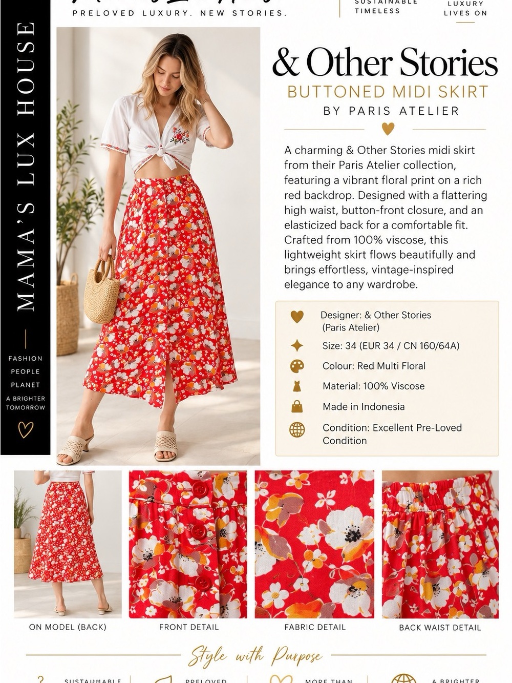 & Other Stories Red Multi Floral Button-Front Midi Skirt
